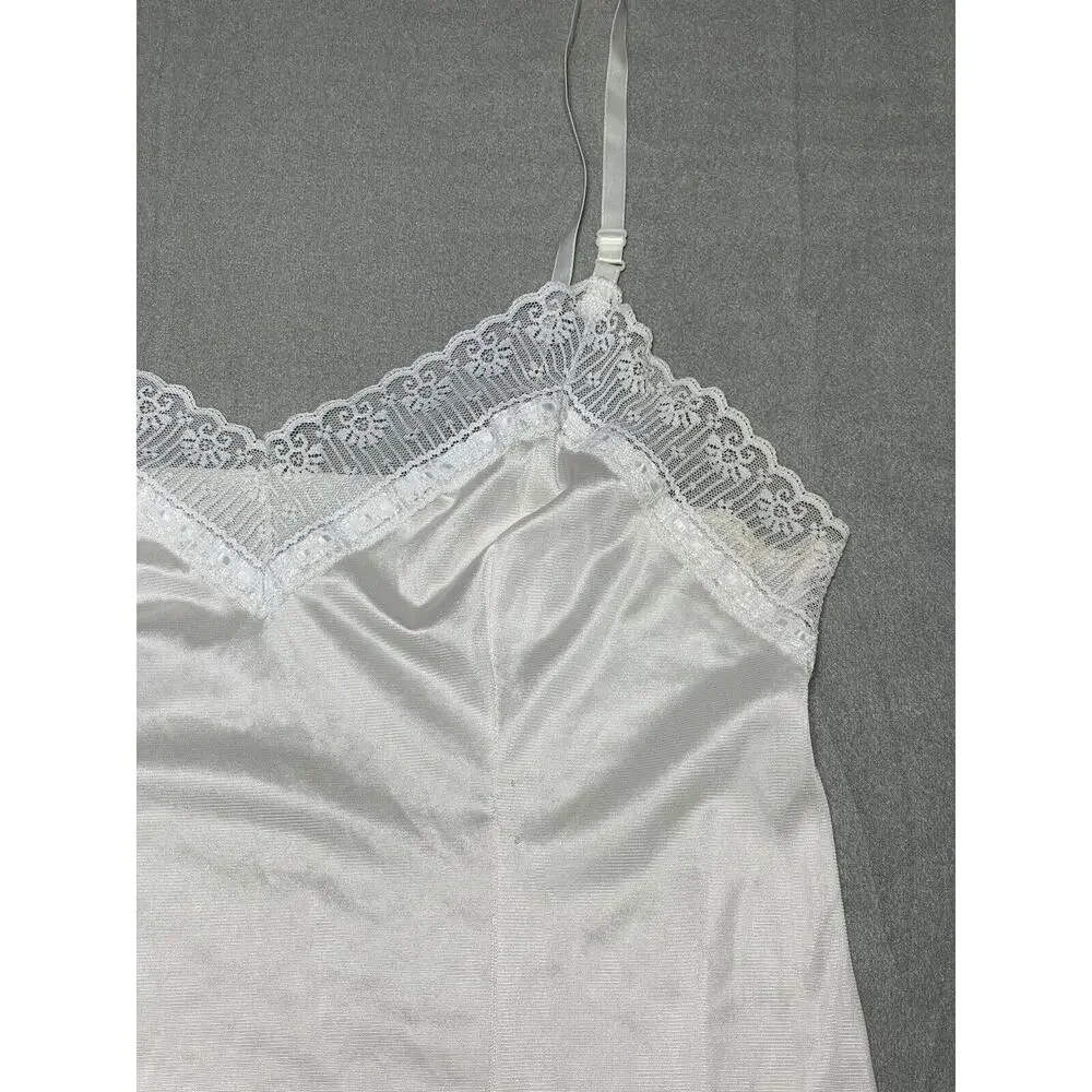 Sears 36 Full Slip Night Dress Vintage Nylon Ivory Lace Adjustable Strap V-neck*